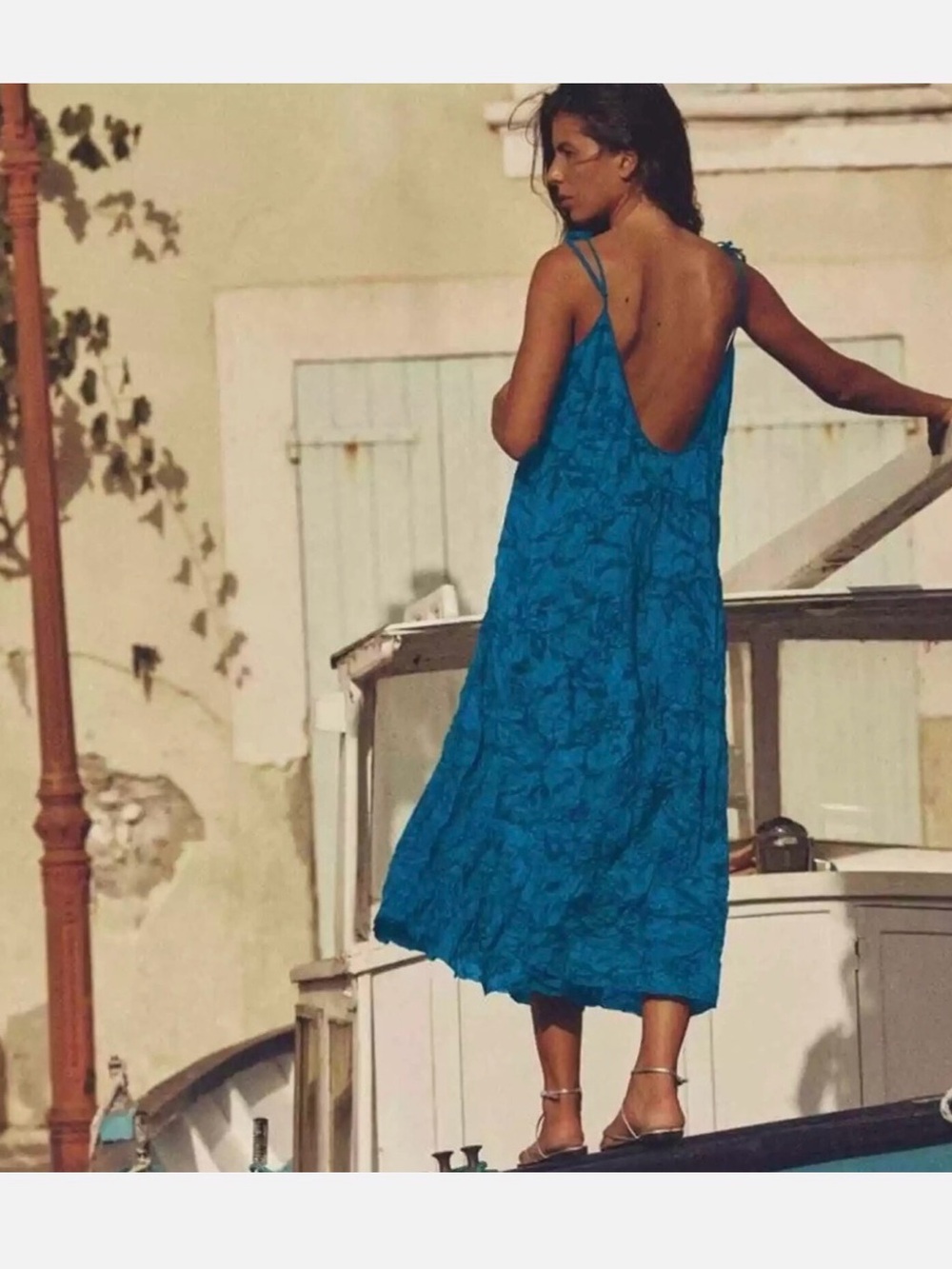 Zara Blue Wrinkle Effect Spaghetti-Tie Strap Midi Dress